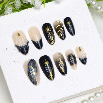 Almond Press on Nails Medium Fake Nails with 3D Leaves Gold Pearl Star Flower Designs French Tip Nails Press ons Black Glue on Nail Glossy Stick on Nail for Women 24 Pcs
