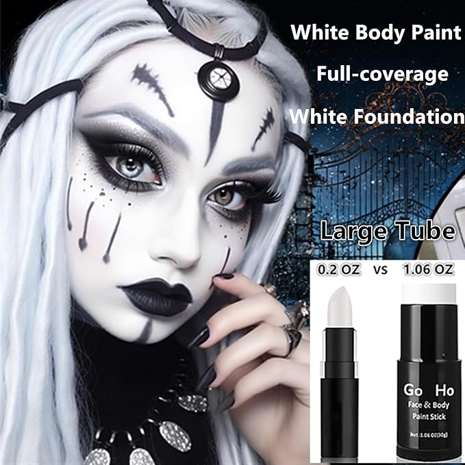 Go Ho White and Black Face Paint Stick with Setting Powder,2 PC White Sponges Set,Waterproof Full-coverage Face Body Paint for Halloween Costumes Clown Skeleton Vampire Skull Cosplay Makeup