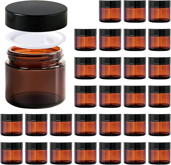 2oz Jars with Lids, HOA Kinh 30 Pack Amber Glass Jars with Black Lids Empty Cosmetic Containers Round Airtight Glass Jar with Inner Liners for Storing Lotions, Powders, and Ointments