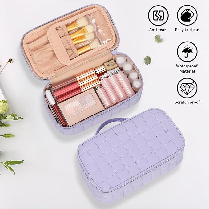 OCHEAL Small Makeup Bag,Portable Cute Travel Makeup Bag Pouch for Women Girls Makeup Brush Organizer Cosmetics Bags with Compartment-Purple
