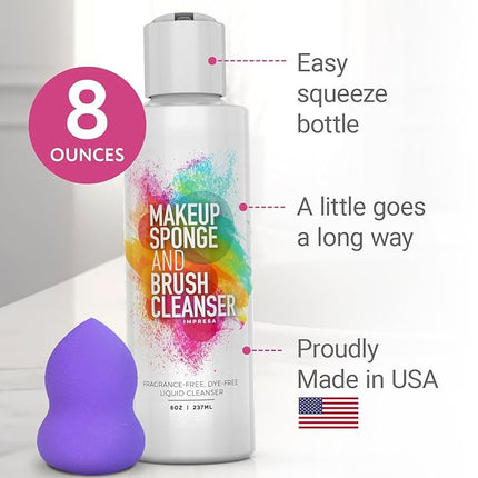 IMPRESA Makeup Sponge & Powder Puff Cleaner Soap - 8 Fl Oz Deep Stain Removal & Brush Cleaning Solution - Gentle Care & Makeup Sponge Cleaner