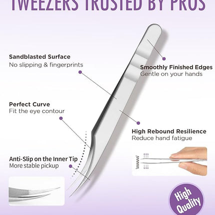 BEYELIAN Eyelash Extension Tweezers, Professional Lashes Tweezers for Make Fans, Curved Tip Stainless Steel JT08