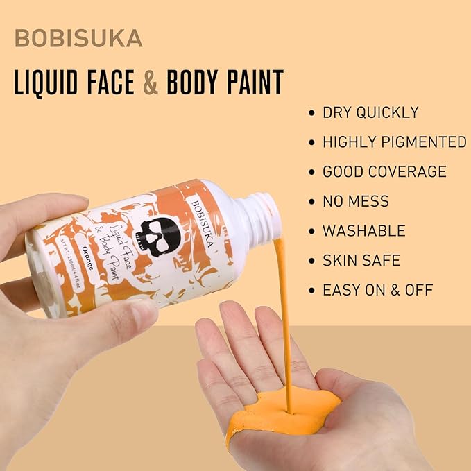 BOBISUKA Orange Face Body Paint Liquid Texture Washable Non Toxic Facepaint Fast Drying Foundation Makeup for or Halloween Pumpkin Cosplay SFX Costume Party Large Capacity(130ml)