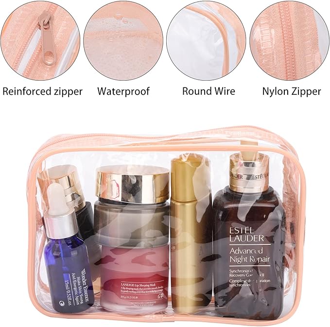 Tbestmax 20 Pack Clear Cosmetic Bags Makeup Bags Portable Waterproof Travel Toiletry Bags Organizer Peach Pink, 7.5"x 4.8"x 2.3"