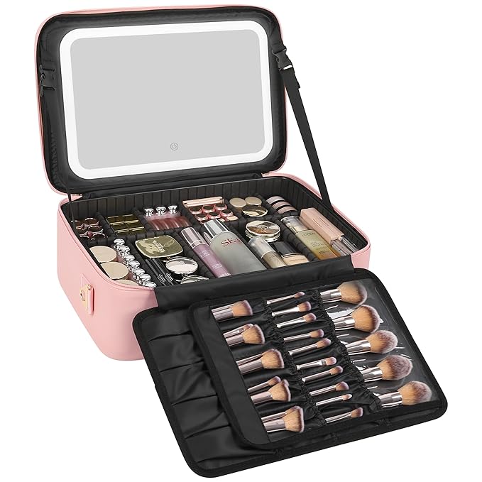 Relavel Makeup Bag with LED Mirror, 16.2 inches Large Professional Makeup Case for Makeup Artists, Travel Portable Cosmetic Organizer Storage Box, Vanity Case with 3 Colors Lighted Mirror, Pink