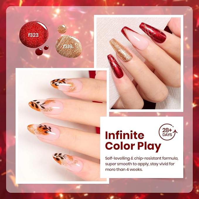 beetles Glitter Gel Polish Set, Passion Rush Collection Christmas Gel Nails, Red Orange Gold Gel Polish Shimmer Nails Art Soak off Uv LED Manicure Gift Set Nail Trend Gift for Women
