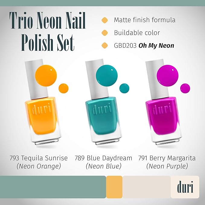 duri Trio Neon Nail Polish Set - GBD203 Oh My Neon, Matte Finish, Quick Drying, 0.45 Fl Oz each