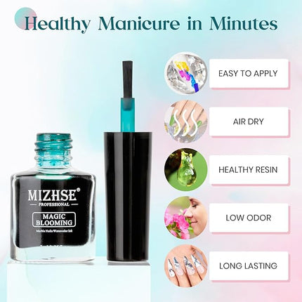 MIZHSE Marble Nail Polish, Marble Ink for Nails Gel Blooming Gel Nails Polish 12 Colors Nail Ink Magic Watercolor Pink Blue Purple Blossom Gels for Manicure Varnish Art Flower Design