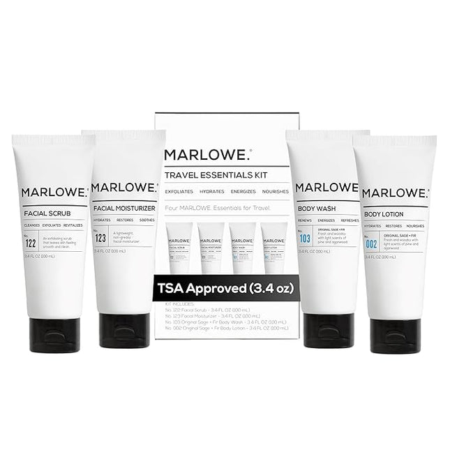MARLOWE. Travel Essentials Kit, No. 103 Body Wash, No. 002 Body Lotion, No. 122 Facial Scrub & No. 123 Facial Moisturizer, Hydrating, Exfoliating & Nourishing Skin Care Set for All Skin Types