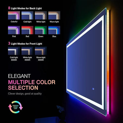LOAAO 48"X30" LED Bathroom Mirror with Lights, Anti-Fog, Dimmable, RGB Backlit + Front Lighted, Bathroom Vanity Mirror for Wall, Memory Function, Waterproof, Tempered Glass