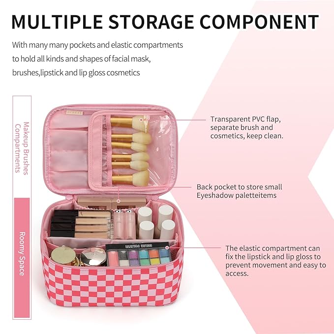 OCHEAL Makeup Bag Portable Cosmetic Bag For Women, Large Capacity Travel Makeup Case Organizer, Toiletry Bag for Girls Traveling With Handle and Divider-Pink