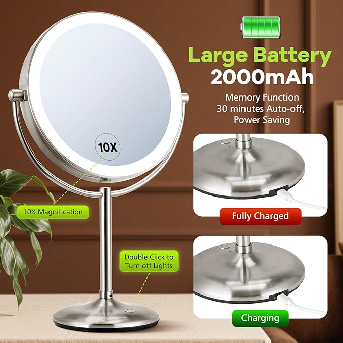 M MIVONDA Makeup Mirror with Lights, Lighted Makeup Mirror with 1X/10X Magnifications, 9 Inch Double Sided Light up Mirror with 360° Rotation