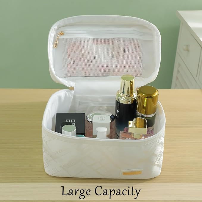 Richeart 3PC Makeup Bag Set, Cationic Jacquard Large Cosmetic Organizer, Back-Coated Solvent-Free Travel Toiletry Bag for Women - White