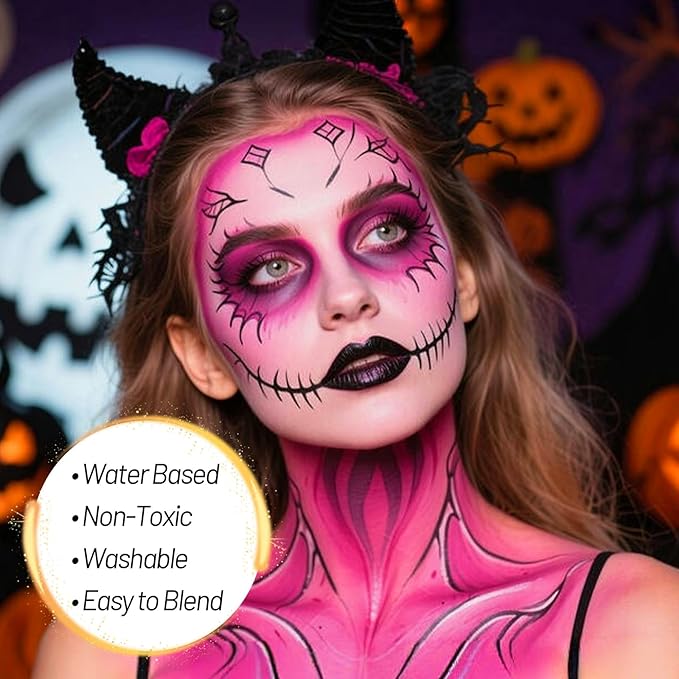 Pink Water Based Face Body Paint, 2.37 OZ Large Tube Full Coverage Face Paint for Skull Clown Cosplay, Washable Pink Body Painting Cream for Adult Carnival Party Halloween SFX Makeup