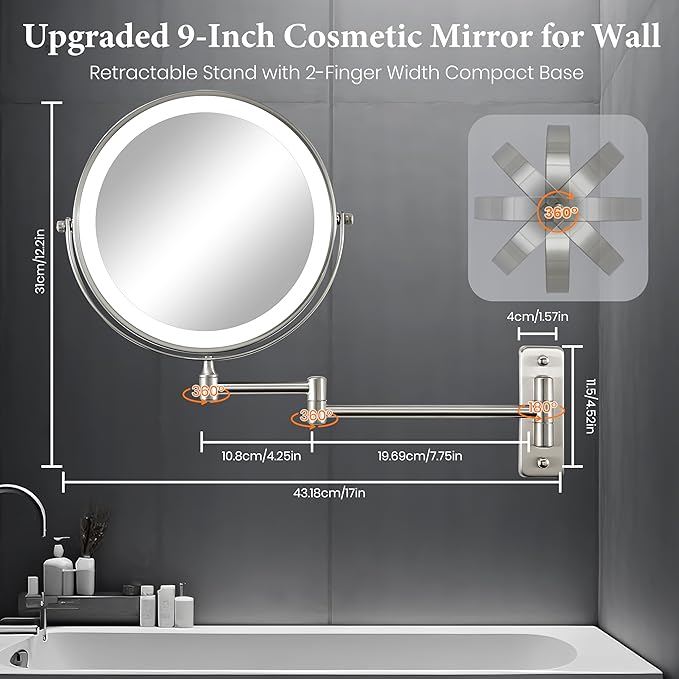 9" Large 15X Rechargeable Wall Mounted Lighted Makeup Mirror Nickel, 5000mAh HD Magnifying Mirror with 3 Color Bright Lights Touch Screen Dimmable, 17" Extendable 360° Swivel Bathroom Vanity Mirror