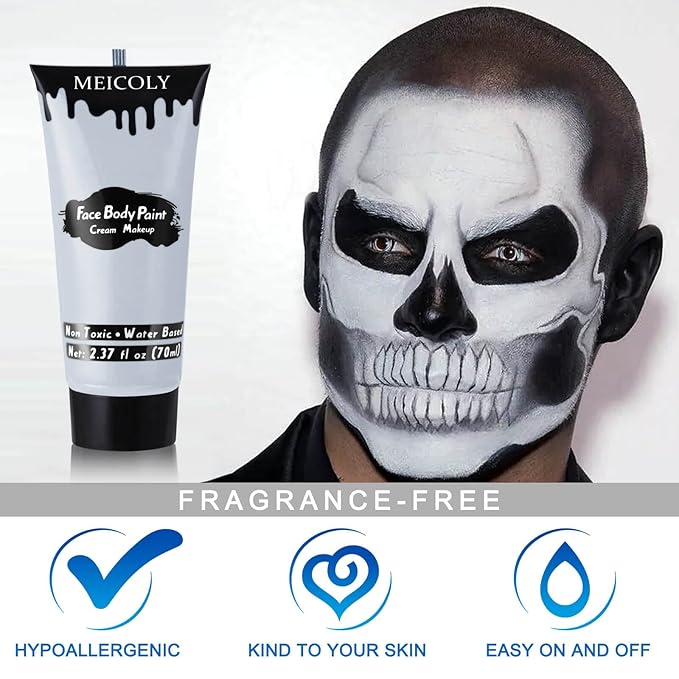 MEICOLY Light Grey Cream Face Body Paint,2.37Oz Large Tube Face Paint Zombie Makeup for Adults and Kids,Professional Face Painting for Halloween SFX Grayscale Homestuck Cosplay Makeup