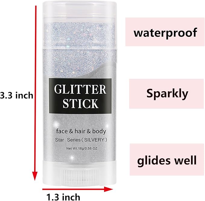 MEICOLY Silver Body Glitter Stick,Waterproof Halloween Face Glitter Gel,Chunky Glitter Face Paint,Mermaid Sequin Hair Glitter Makeup,Sparkle Body Glitter for Women and Kid,Festival Accessories Glitter