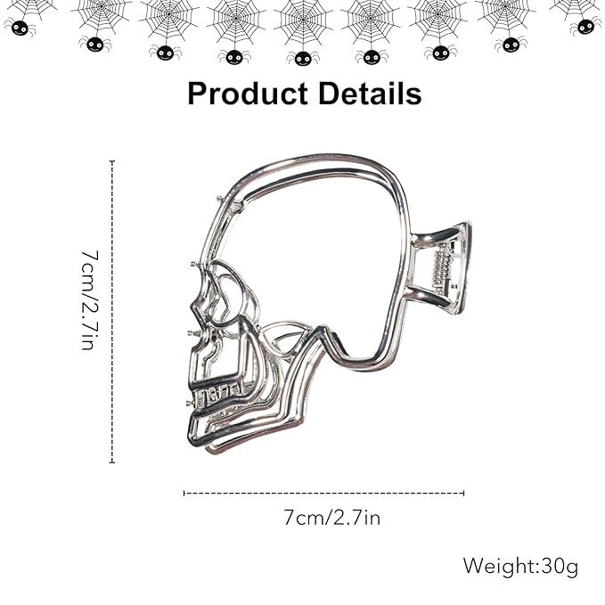AIUPUOC Skull Hair Clips for Women: 2Pcs Large Gothic Silver Metal Hair Claw Clips for Thick Hair - Halloween, Spider, Skeleton Hand Designs