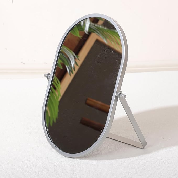Bathroom Rectangle Desktop Makeup Mirror with Silver Metal Standing 180° Rotation Vanity Table Mirror Portable Cosmetic Mirror for Dressing Room Bedroom