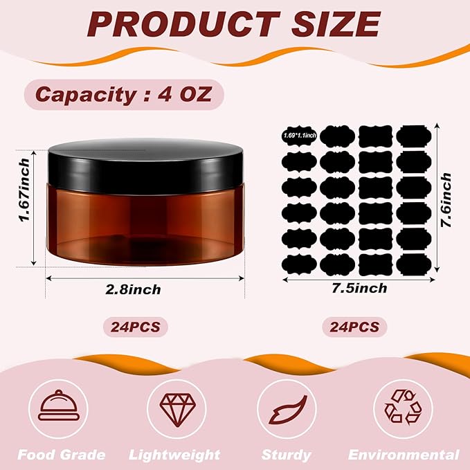 Dandat 24 Pcs 4 oz Plastic Jar Container with Lid and Label Refillable Empty Round Amber PET Cosmetic Sample Containers for Lotion, Cream, Ointments, Body Butter, Makeup, Travel Storage
