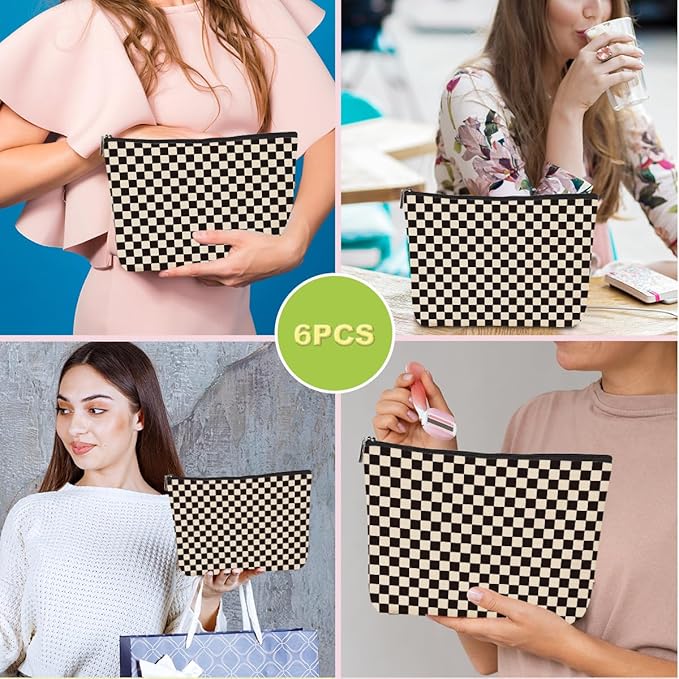 6 Pcs Checkered Makeup Bags Make up Bag Cosmetic Bags for Women Girls Sister Mama Bridesmaid Friendship Christmas Birthday Travel Toiletry Bag Aesthetic Zipper Organizer Accessories, Cute Black Plaid