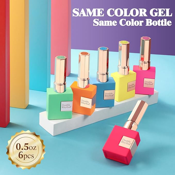 Double Rhythm 6 Pcs 15 ML Gel Polish Set Same Color Same Bottle Soak Off Gel Polish Kit Nail Art Manicure Salon DIY at Home for Women (Pastel Red Pink Orange Yellow Green-T6-11)