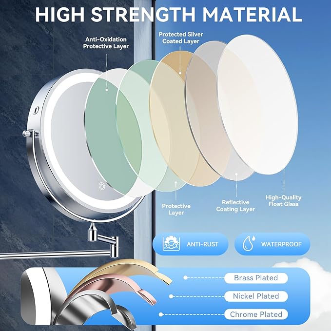 10'' 30X/1X Wall Mounted Lighted Makeup Mirror, 5000mAh Rechargeable Double-Sided Magnifying Mirror with Light, LED Vanity Mirror Touch Dimmable 3 Colors 360° Rotation Extended Foldable Arm, Chrome