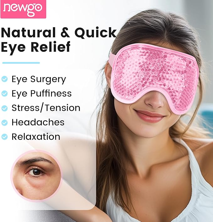 NEWGO Cooling Gel Cold Eye Mask for Puffy Eyes, Reusable Ice Pack with Soft Plush Backing for Dark Circles, Migraine, Stress Relief - Pink