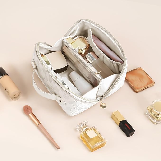 Prite Makeup Bag for Women Travel Waterproof Vegan Leather Cosmetic Bag Open Flat Toiletry Bag With Clear Divider and Handle (Plaid Beige)