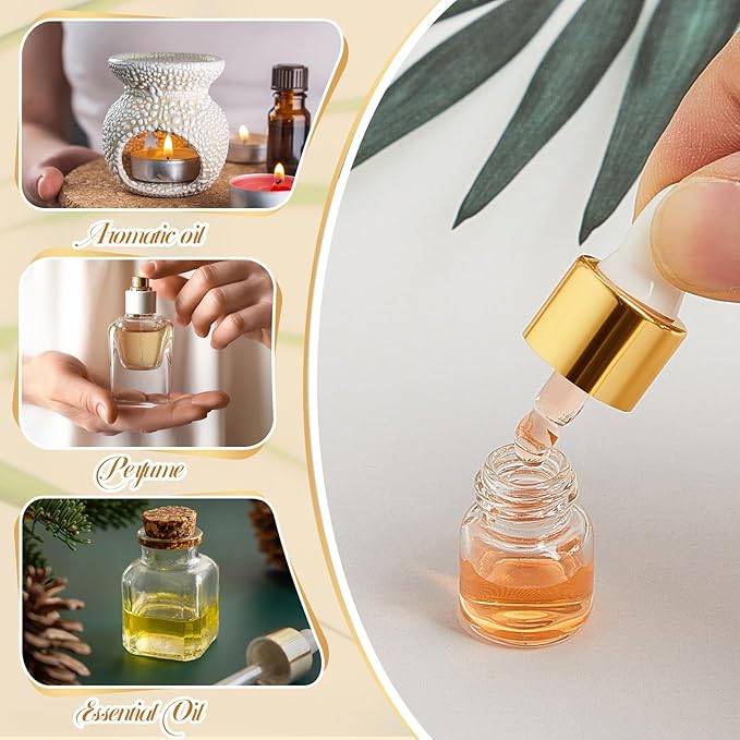 12 Pcs Mini Glass Oil Dropper Bottle Bulk, Clear Essential Small Empty Bottles Sample Containers Perfume Liquid Vials with Cap for Traveling (1 ml,Gold)