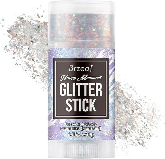 Brzeaf Waterproof Mermaid Glitter Stick, Shimmery& Long Lasting, Hallowen Hair Eyeshadow Face Body Glitter, Singer Concert Music Rave Festival, Glitter Stick Makeup & Face Glitter Gel for Women Men