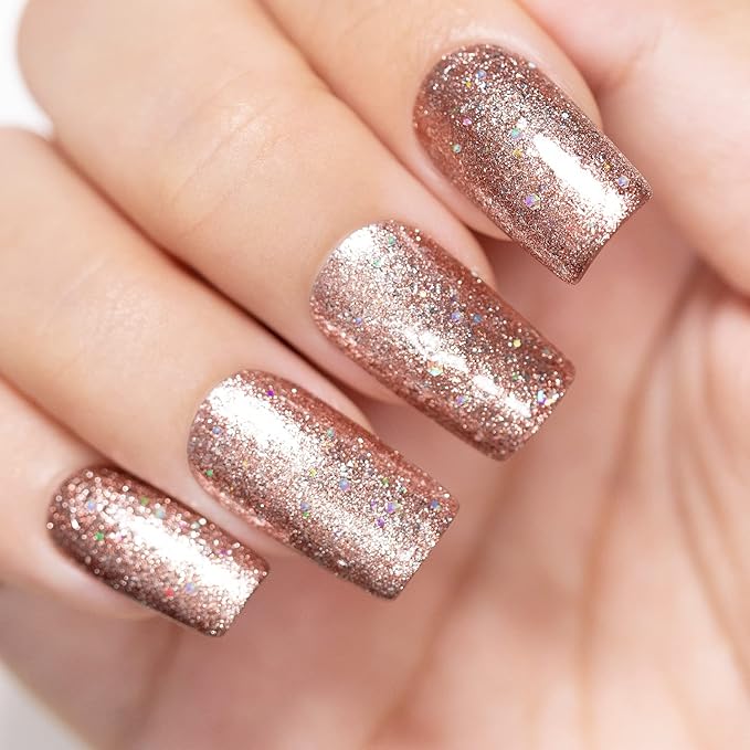 RARJSM Glitter Gel Nail Polish Rose Gold Sparkly Iridescent Rainbow Shimmer Metallic Pink Holographic Nail Gelpolish Soak off L e d U V Curing Required High Pigments for Home Manicure Nail Art 15ml