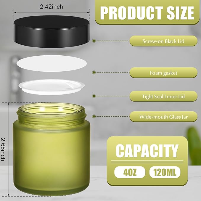Norme 24 Pcs 4 oz Glass Jars with Lids Leakproof Round Airtight Empty Cosmetic Jars with Inner Liners Lid for Storing Lotions Powder Ointments Candle Making Tins (Pea Green)