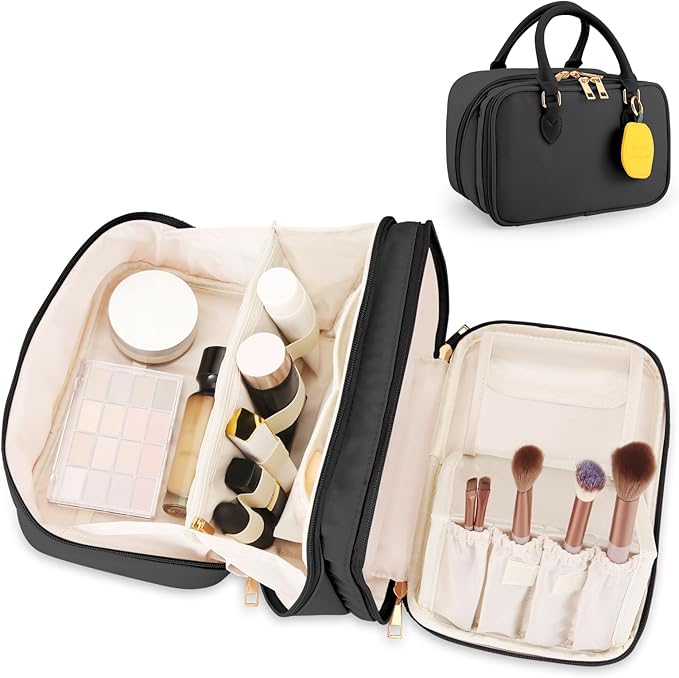 Travel Makeup Bag for Women Fashion Large Capacity Pouch Open Flat Cosmetic Portable Organizer Waterproof Large Opening Storage Toiletry Bags Vertical Free-Standing Brush Holder for Easy Access Black