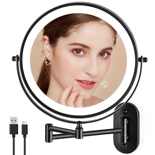 Rechargeable Wall Mounted Makeup Mirror, 8.5 inch Double-Sided 1/10x Magnifying Bathroom Mirror with 3 Color Lights, Lighted Vanity Mirror with 2-Touch Screen Dimming & Luminance Memory