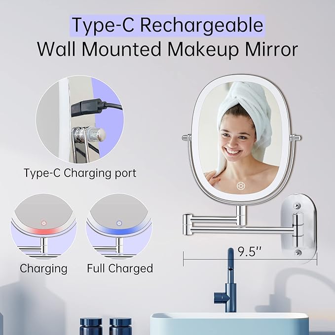 FUNTOUCH Rechargeable Lighted Wall Mounted Makeup Vanity Mirror, Double Sided 1X/7X Magnifying Mirror…