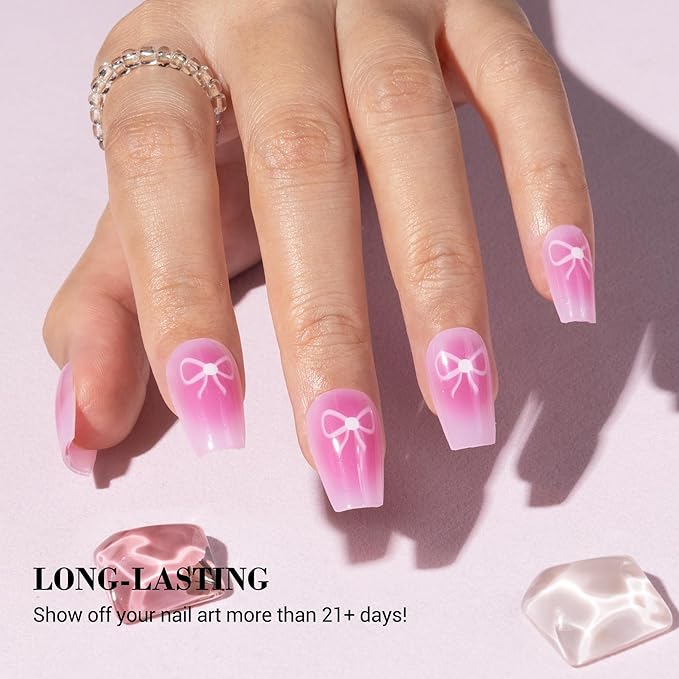 MelodySusie Semi Cured Gel Nail Strips, 20 PCS Gel Nail Stickers, UV Light Required, Durable & Salon Quality (Pink Bow)