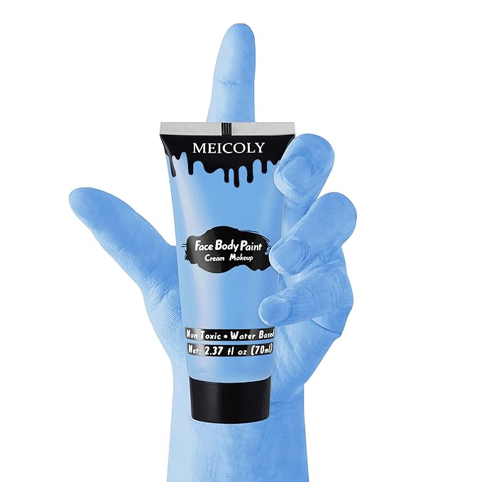 MEICOLY Light Blue Face Body Paint,Pale Baby Blue Face Paint Sadness for Halloween Corpse Bride Avatar Smurf Sally Cosplay Makeup,2.37Oz Large Tube Washable Body Paint for Adult and Kids