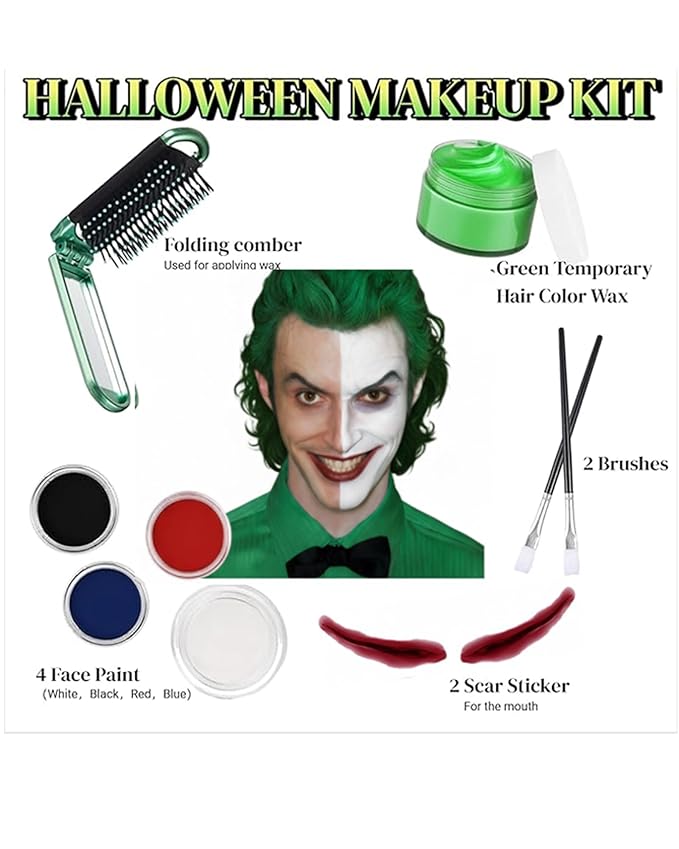 Libima Halloween Jokers Makeup Kit, Complete Jokers/clown Makeup Accessories Face Paint Mouth Scar Sticker Green Disposable Hair Cream Folding Comb Brush for Halloween Cosplay Carnival Party
