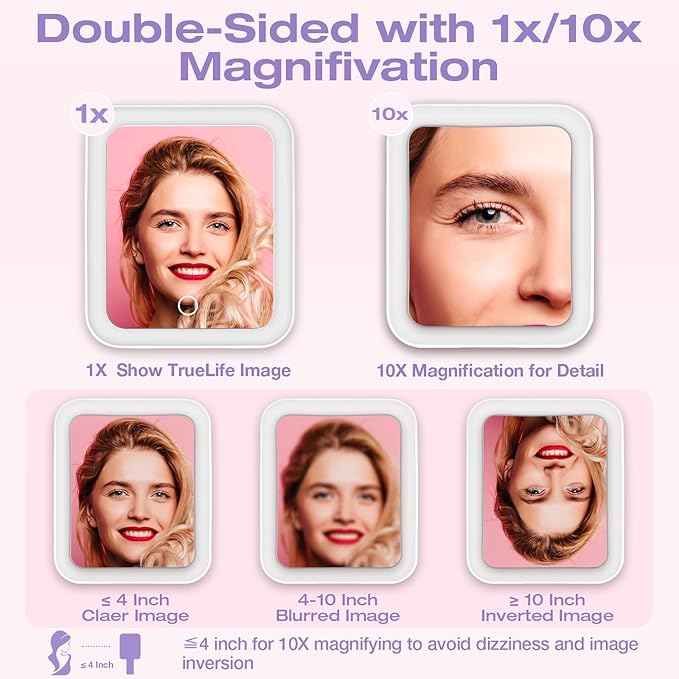 Portable Travel Makeup Mirror with Lights, Double Sided 1X/10X Magnifying Mirror, 3 Color Adjustable Lighting Touch Screen, Rechargeable Lighted Beauty Mirror, Tabletop Handhold Hanging (Purple)