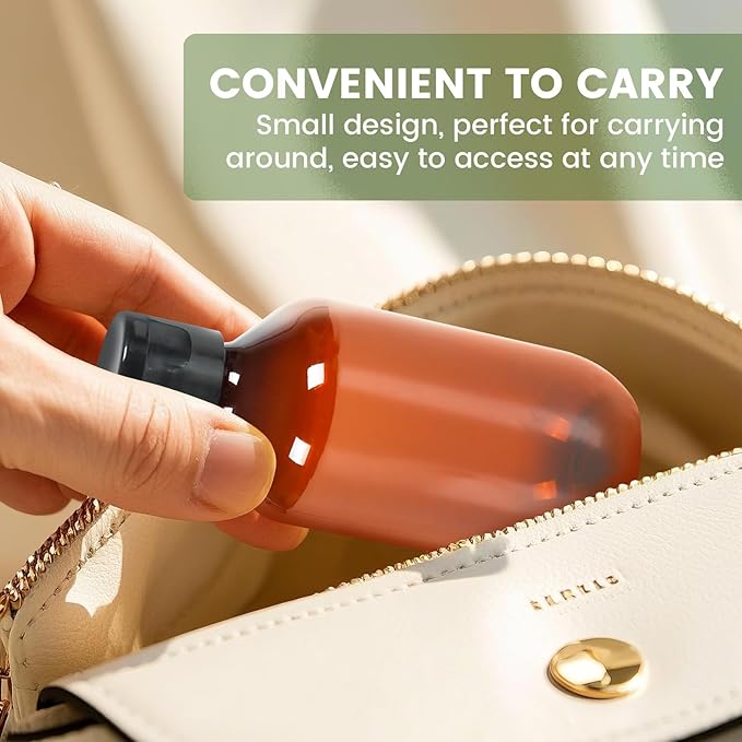 Travel Size Amber Bottles with Flip Cap - 24 Pack 3.4oz Leak Proof Dispenser Containers for Toiletries, Essential Oils & Shampoo - Set of Small Empty Plastic Bottles