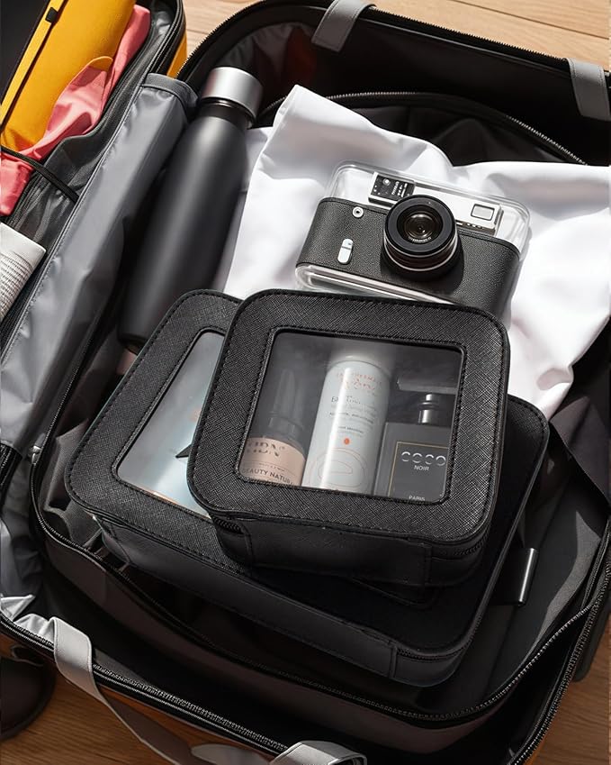 2 Pcs Travel Clear Makeup Bag Set, Clear White Makeup Organizer with Zipper Leather Travel Bags for Toiletries Small Cosmetic Bags for Women Mini Make up Pouch Toiletry Bags Car Essentials