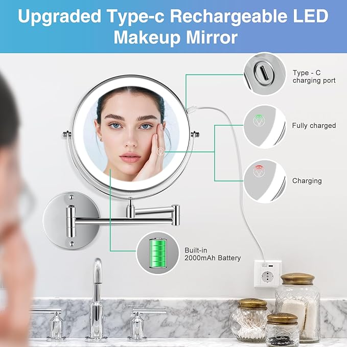 20X/1X Wall Mounted Lighted Makeup Mirror with Light, 8.5'' Double Sided Rechargeable Magnifying Bathroom Mirror, 3 Color Lights Touch Dimmable Extended Arm 360 Rotation Light up Magnification Mirrors