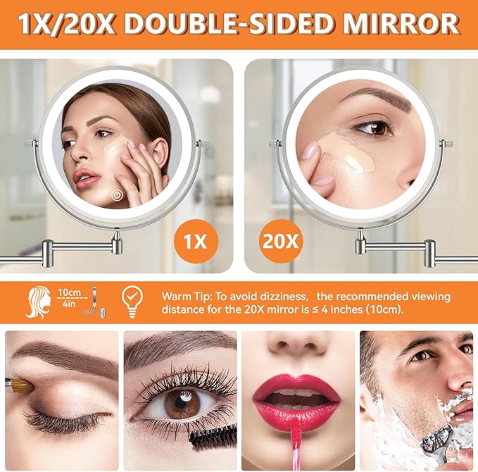 1X/20X Wall Mounted Makeup Mirror with Light, 8" Rechargeable Double-Sided Magnifying Mirror, Vanity Mirror Dimmable 3 Color Light, 360° Extension Rotation Foldable 14.5 Inch Arm, Chrome