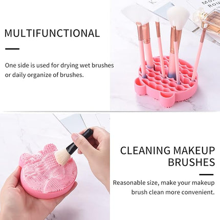 Silicon Makeup Brush Cleaner Mat with Brush Drying manual Make up brush cleaner cleanser machine Cosmetic Brush Cleaning Pad+Makeup Brush Dry Cleaned Quick Color Removal Sponge Scrubber Tool(Pink)