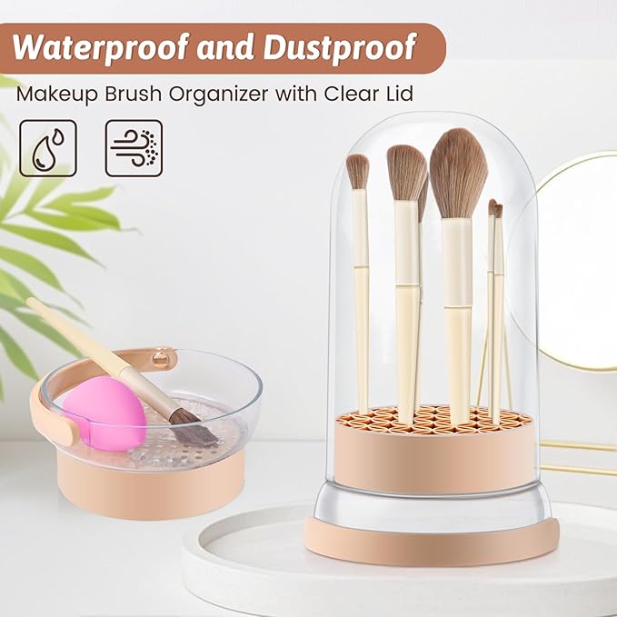 Makeup Brush Cleaner Bowl, 3 in 1 Makeup Brush Cleaner Mat and Dryer, Waterproof Makeup Brush and Sponge Cleaner with Lid (Khaki)