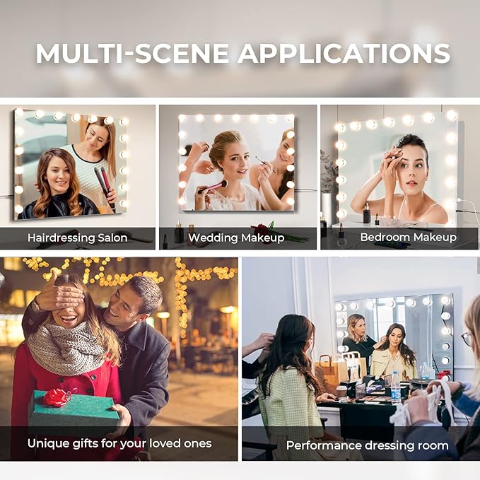 ZL ZELing ZELing Vanity Mirror Makeup Mirror with Lights,23.6" x 19.6"Large Tabletop Light up Mirror with 17Bulbs,10X Magnification,USB Charging Port,3 Color Touch Control Dimmable Lights.