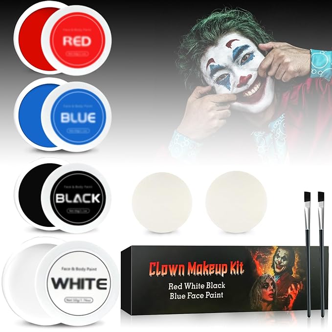 Halloween Clown Makeup Kit: Red White Black Blue Face Body Paint Kit - Pro Oil Based Halloween Face Body Paint for Adults Kids - Clown Movie Cosplay SFX Halloween Makeup Painting Set