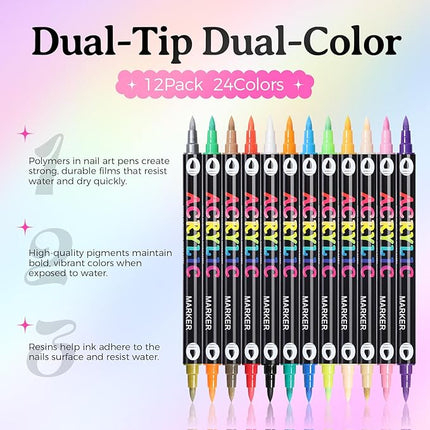 GELLAKTIK 24 Colors(12Pcs-dual) Nail Art Pens Set, 3D Nail Polish Pens Quick-Drying Acrylic Paint Markers, Dotting Liner Brush for DIY Nail Design, Home & Salon Manicure Tools, MarkerPen