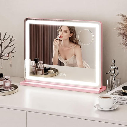 ROLOVE Pink Makeup Mirror with Lights, 23x18 Inch - 3 Color Modes, Dimmable LED Light up Mirror with 10X Magnification - Pink Vanity Mirror Wall&Tabletop Mount for Teen Girls
